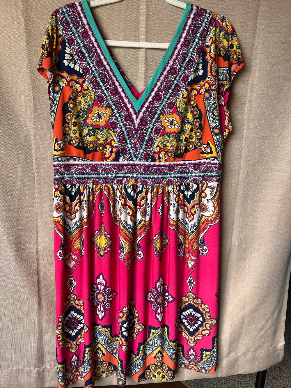Kiara Women's XXL Dress Vibrant Pink Multi Color V-Neck Boho Paisley Travel Y2K